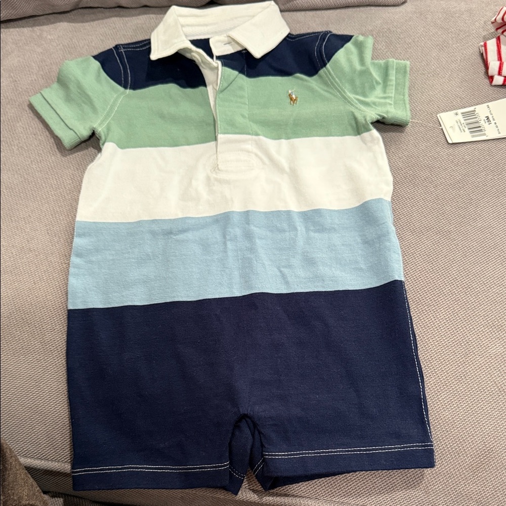 Ralph Lauren Striped Polo Romper in Navy, Mint, White, Light Blue